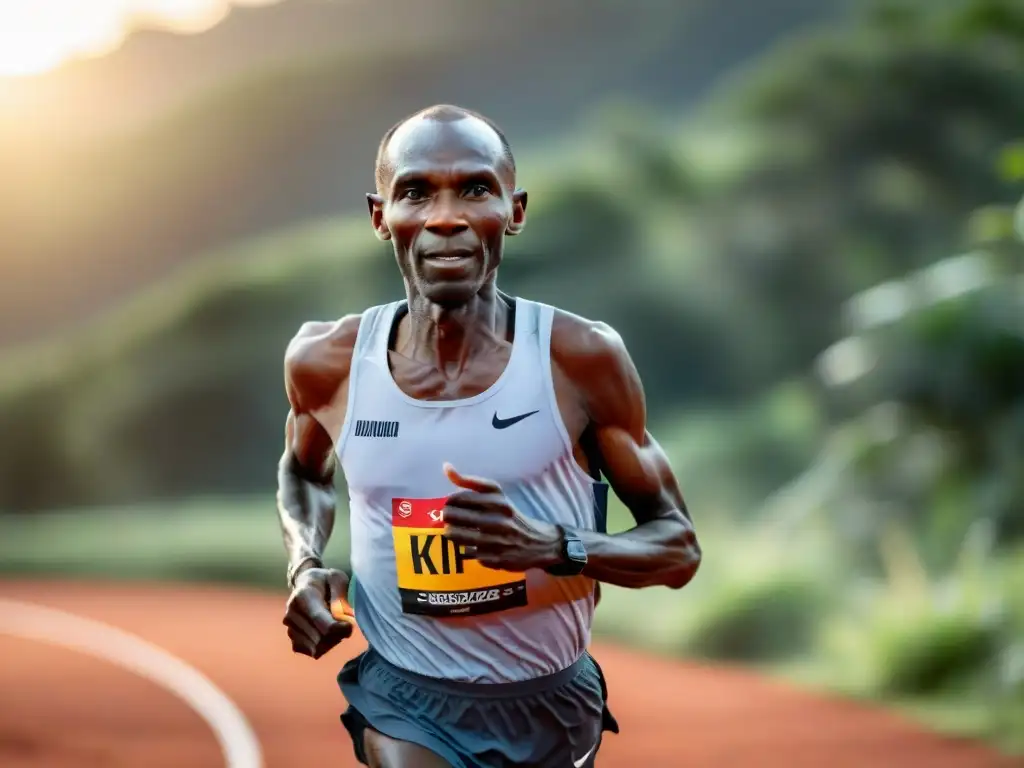 Eliud Kipchoge: Corriendo al amanecer con determinación y fuerza Eliud Kipchoge corre al amanecer, reflejando fuerza y determinación en su rostro, rodeado de exuberante vegetación