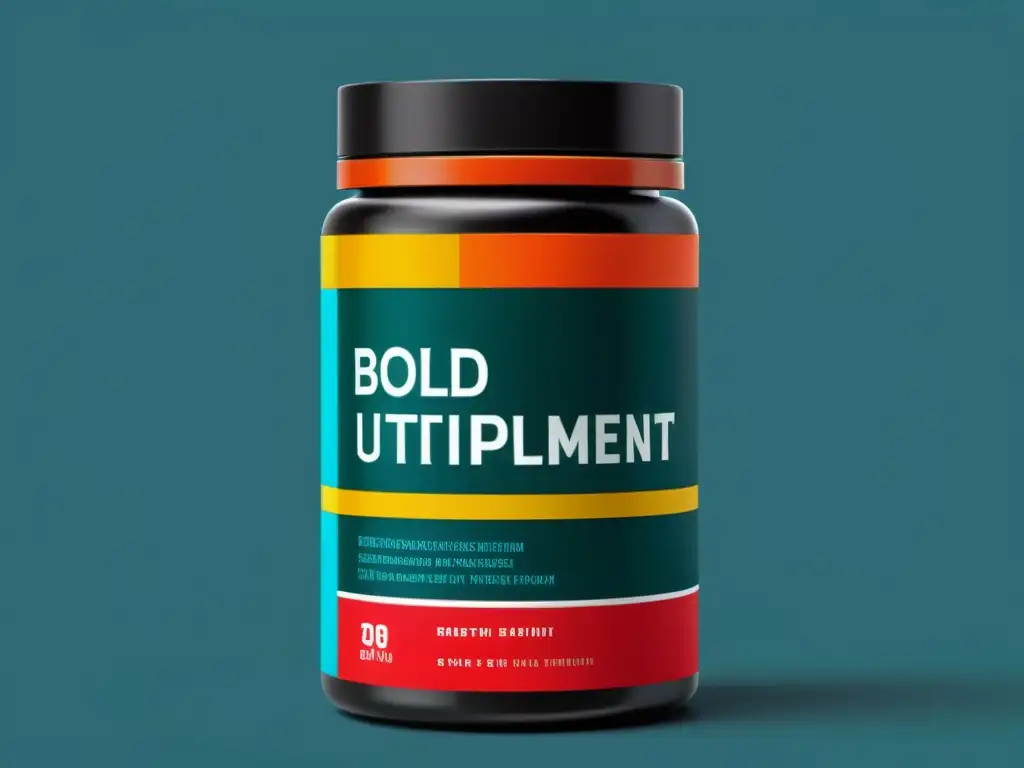 Empaque de suplemento moderno e innovador que destaca por su diseño vibrante y sofisticado, reflejando la innovación en empresas de suplementos