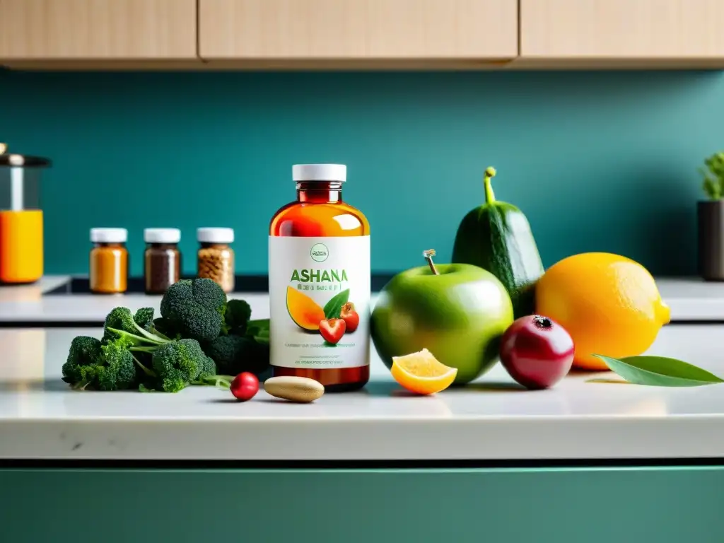 Encantadora cocina vegana con ashwagandha Una encantadora cocina moderna con alimentos veganos y suplementos, destacando los beneficios de ashwagandha para veganos