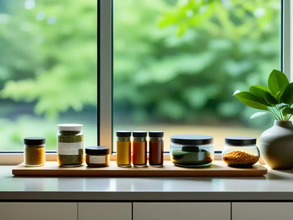 Contador de cocina con suplementos veganos en envases minimalistas Una encantadora cocina moderna con suplementos veganos de ashwagandha, irradiando bienestar y estilo contemporáneo