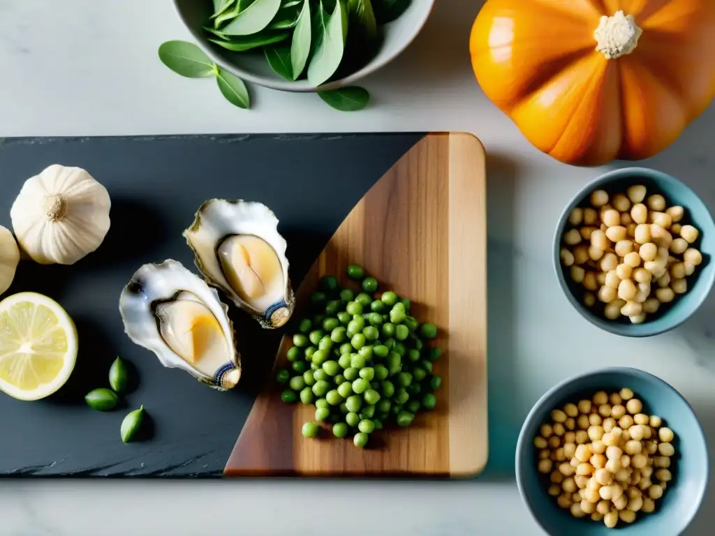 Encantadora variedad de alimentos ricos en zinc en una cocina moderna Una encantadora imagen de alimentos ricos en zinc en una elegante cocina moderna