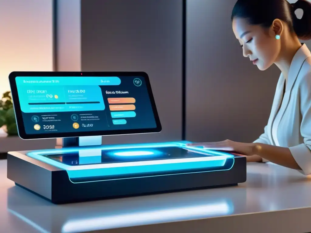 Encimera inteligente con IA y holograma de asistente Una encimera de cocina futurista con inteligencia artificial integra suplementos nutricionales