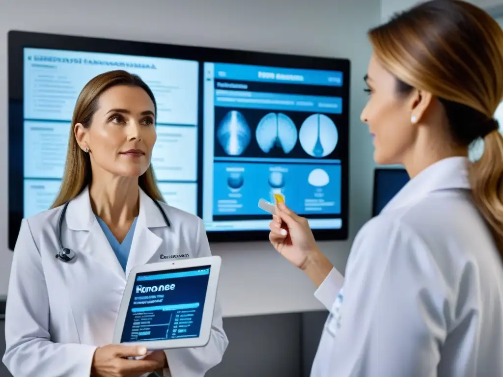 Explicación experta sobre hormonas y salud ósea en consulta moderna Una endocrinóloga detalla el impacto de hormonas en la salud ósea a una mujer, en una oficina médica moderna