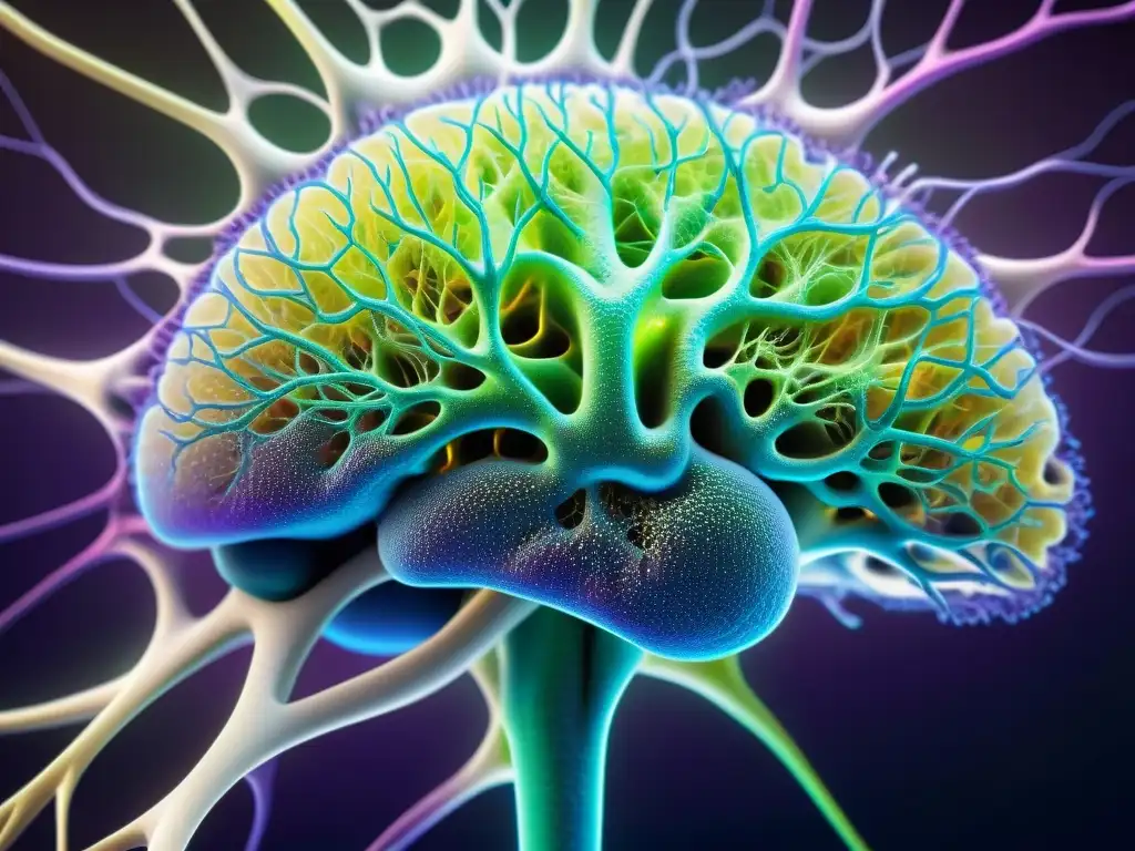 Red neural vibrante y detallada: el asombroso mundo del cerebro en colores intensos Un enjambre de neuronas interconectadas en una red vibrante y dinámica, ilustrando los beneficios omega 3 para la atención cerebral