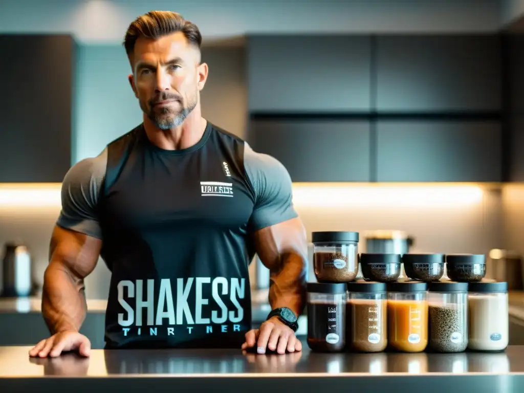 Preparación experta de batido de proteínas en cocina de lujo Un entrenador fitness profesional prepara suplementos profesionales fitness en una cocina minimalista y elegante con atención al detalle y expertise