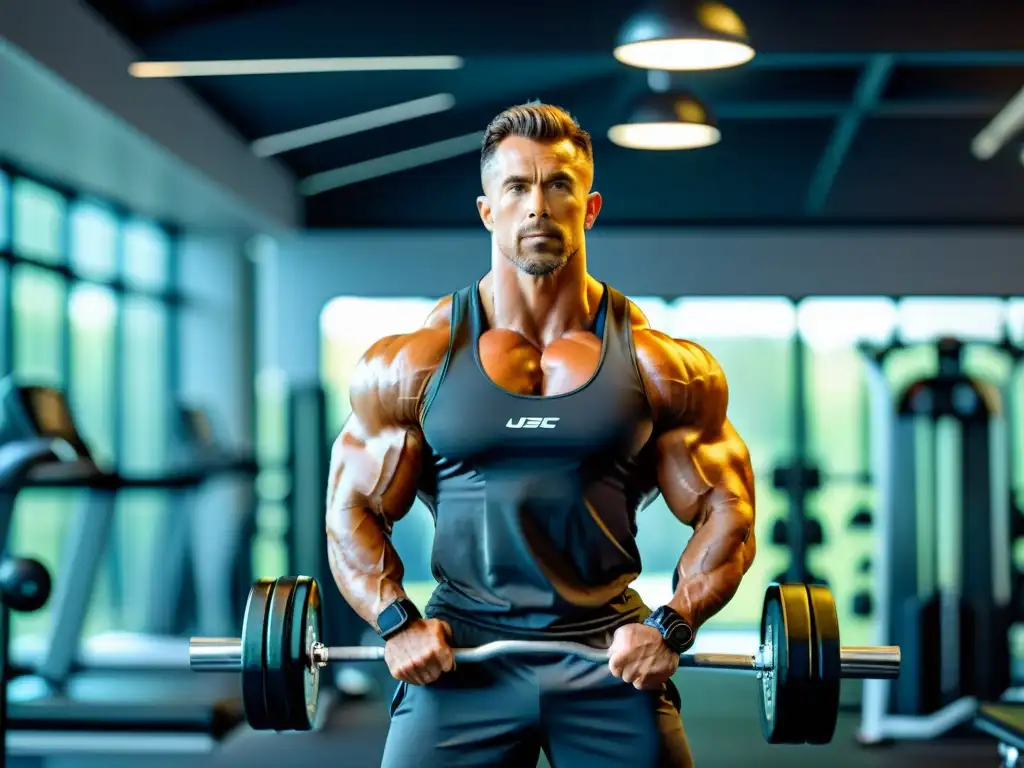 Entrenador fitness profesional en gimnasio ultramoderno Un entrenador de fitness profesional demuestra ejercicios con pesas en un gimnasio moderno, destacando los mejores suplementos para masa muscular 2023