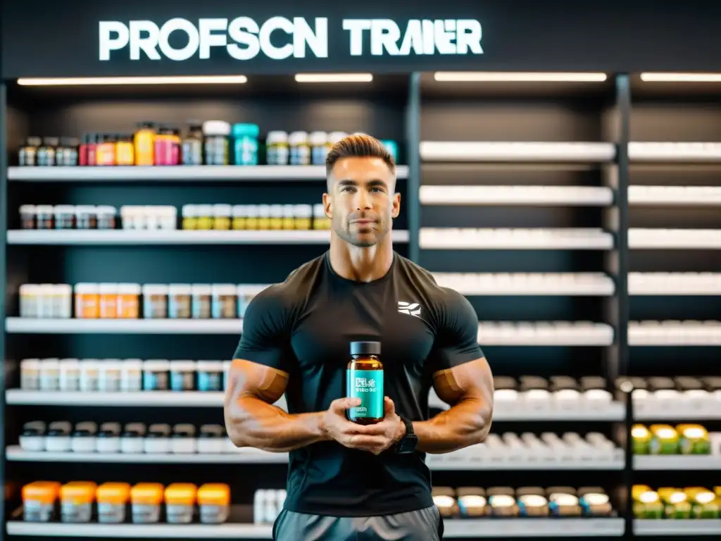 Entrenador fitness con suplementos profesionales en gimnasio moderno Un entrenador de fitness profesional sostiene suplementos profesionales en un gimnasio moderno, destacando su conocimiento y confianza
