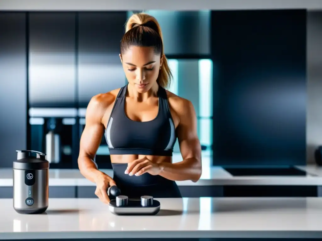 Preparación intensa: Fitness moderno en una cocina futurista Un entusiasta del fitness prepara suplementos preentrenamiento para energía explosiva en una cocina futurista y minimalista