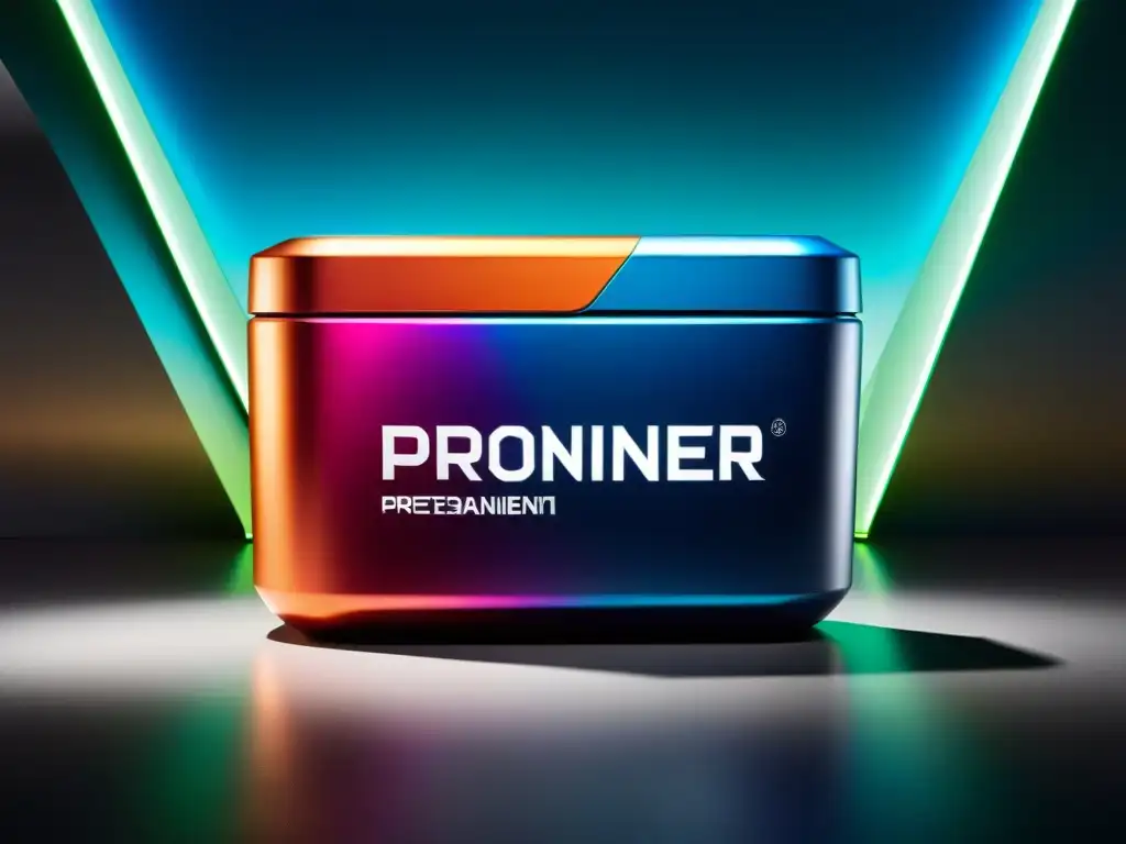 Preentrenamiento moderno con diseño vibrante en gimnasio futurista Un envase moderno de preentrenamiento con branding vibrante y fondo futurista en un gimnasio