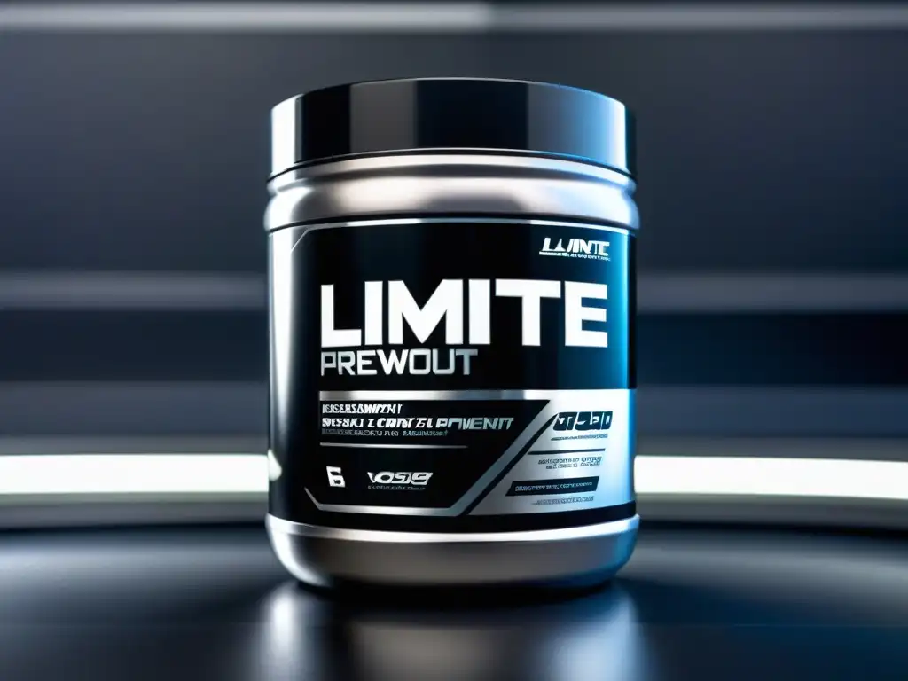 Pre-entrenamiento LÍMITE: Energía futurista en un envase Un envase negro y plateado de preentrenamiento 'LÍMITE' en un entorno futurista de alto rendimiento