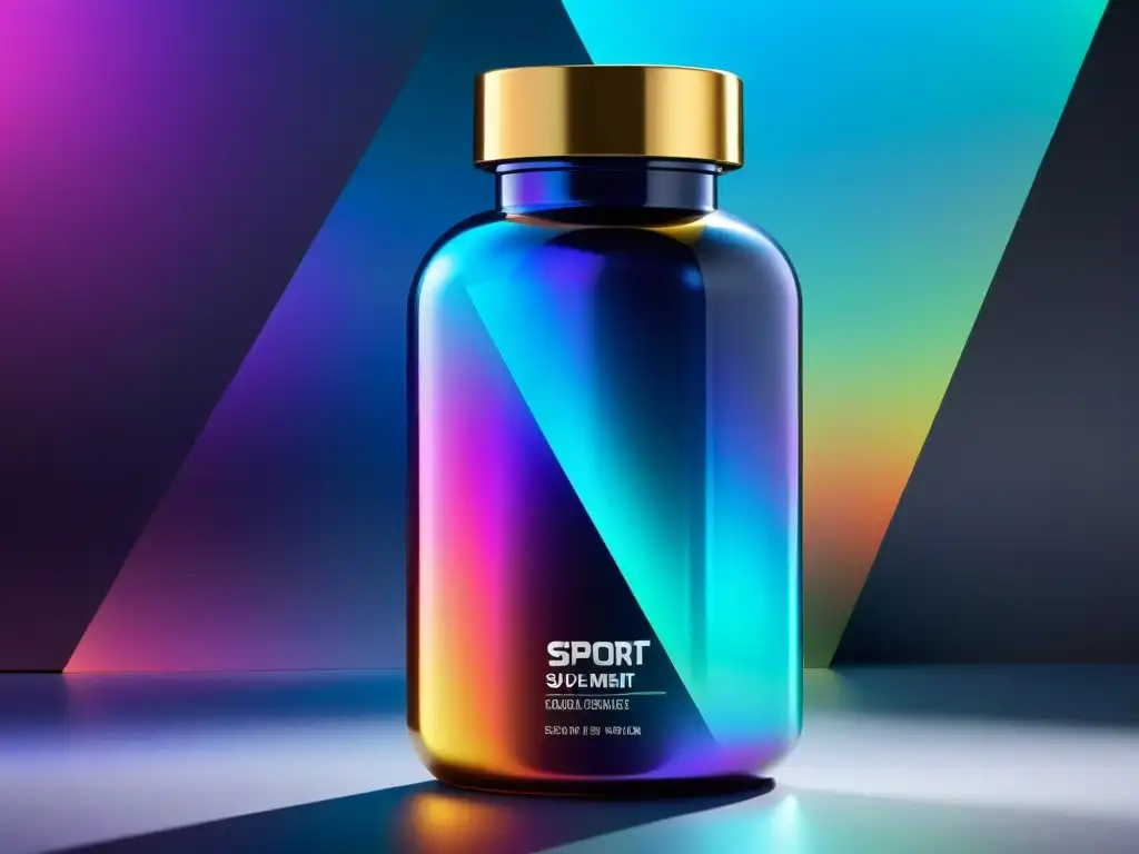 Bote de suplemento deportivo futurista: colores vibrantes y diseño premium Un envase de suplemento deportivo futurista con colores vibrantes y elementos holográficos