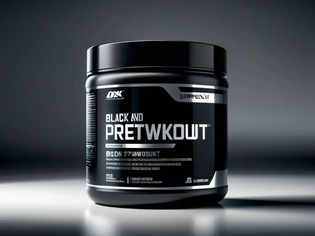 Suplemento preentrenamiento de alta gama: energía y sofisticación Un envase de suplemento pre-entrenamiento negro y plateado, con un diseño moderno y elegante, iluminado para resaltar su calidad premium
