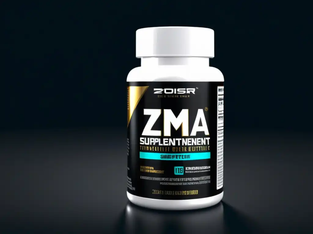 Un envase de suplemento ZMA en primer plano, con un diseño moderno y elegante en tonos metálicos y tipografía audaz