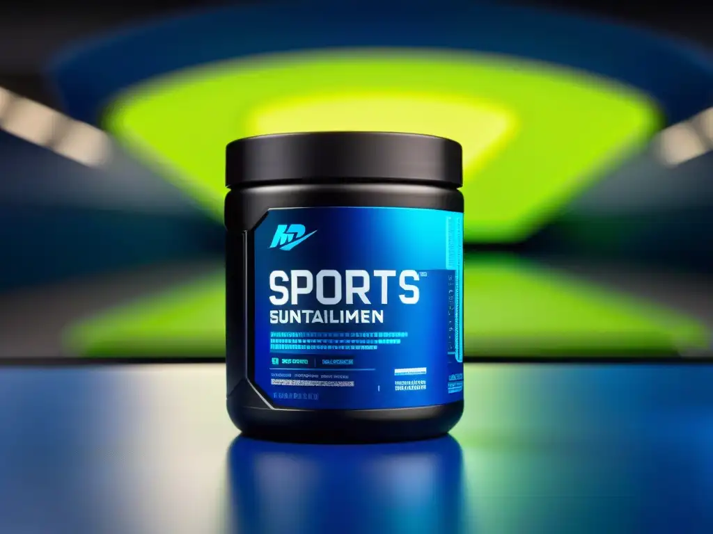 Innovador envase de suplemento deportivo en escenario futurista Un envase de suplementos deportivos moderno y elegante con gráficos futuristas que potencian la energía y la concentración