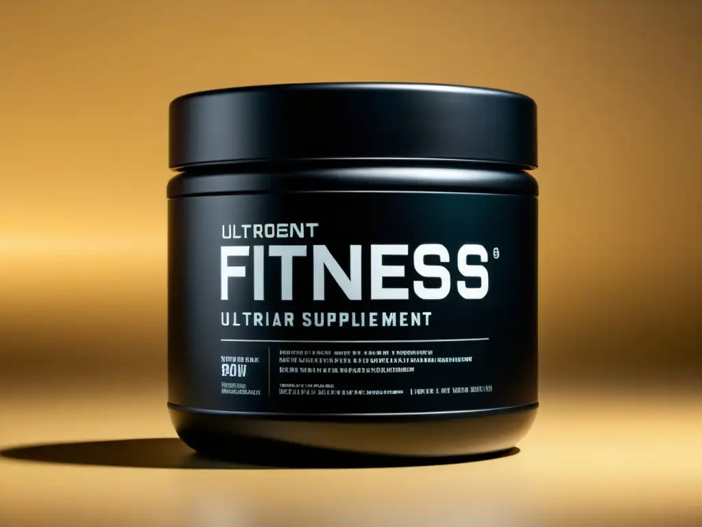 Envase de suplemento fitness: diseño minimalista y sofisticado Un envase de suplementos profesionales fitness revela su diseño minimalista en negro mate con letras metálicas