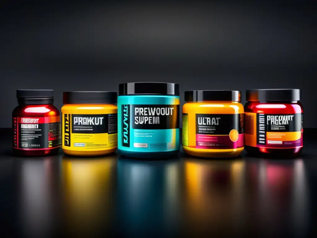 Suplementos pre-entrenamiento: diseño vibrante y moderno Varios envases de suplementos preentrenamiento en una mesa negra minimalista, resaltando sus colores vibrantes y diseños intrincados