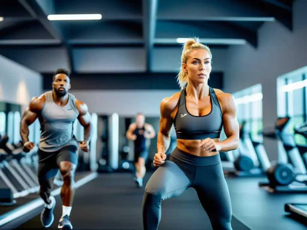 Atletas de élite en entrenamiento intenso en gimnasio vanguardista Equipo de atletas profesionales en un gimnasio de alta tecnología, mostrando determinación en su entrenamiento intenso