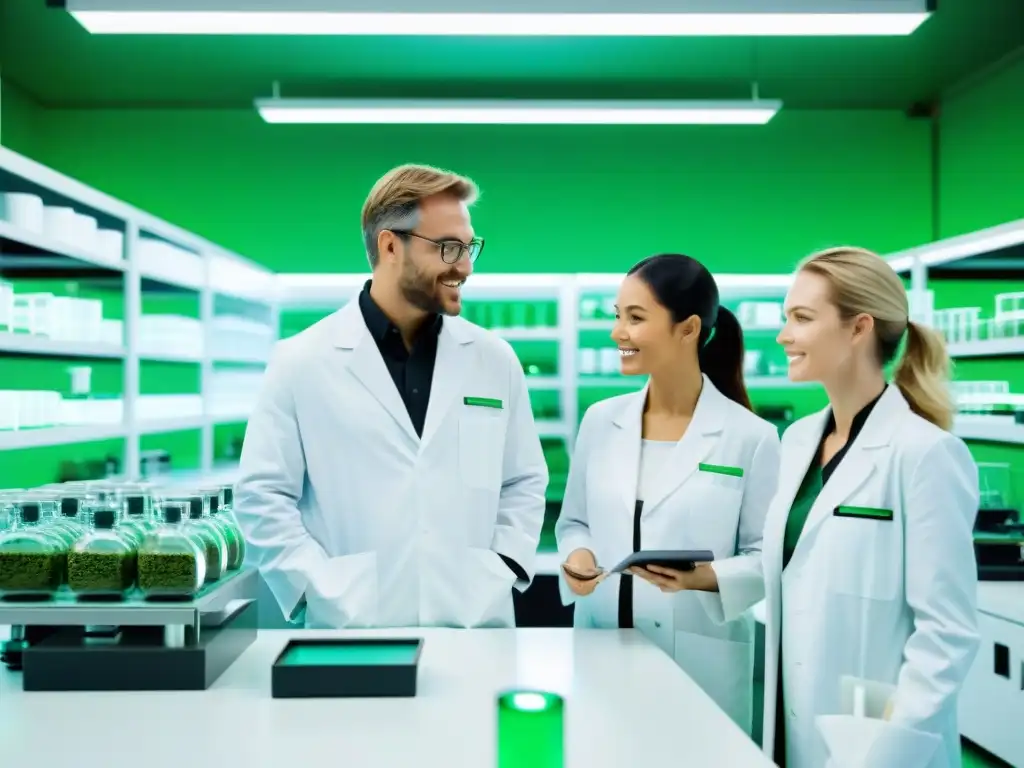 Equipo de científicos innovando en empresas de suplementos con análisis de ingredientes naturales en laboratorio moderno