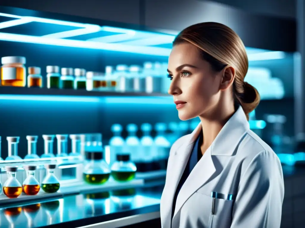 Equipo de científicos en laboratorio moderno formulando suplementos premium antienvejecimiento