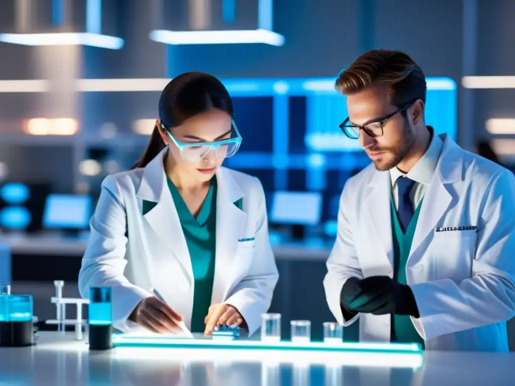 Avanzada investigación sobre efectos del café en la salud cardiovascular Equipo de científicos en laboratorio moderno investigando efectos cardiovasculares de cafeína en preentrenamientos
