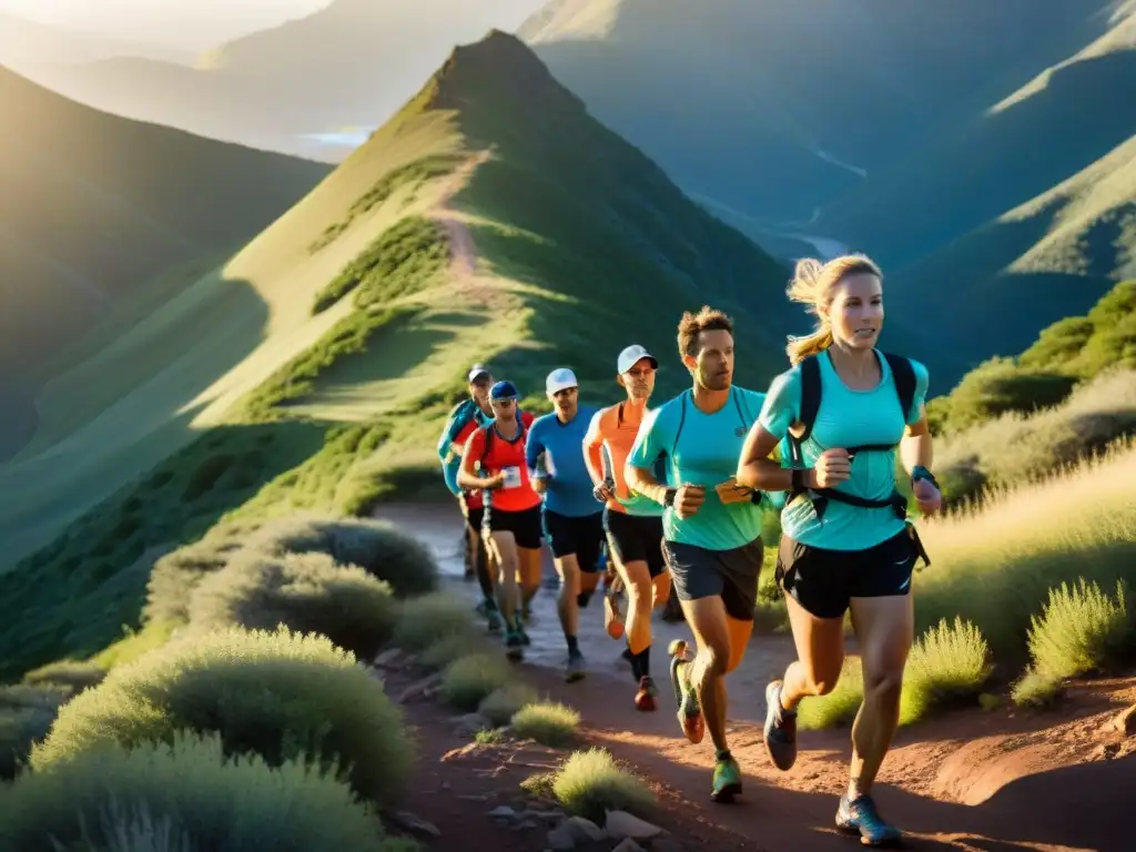Corredores de ultradistancia desafían montañas al amanecer Equipo de corredores de ultradistancia en la montaña al amanecer, llevando sus mochilas de hidratación