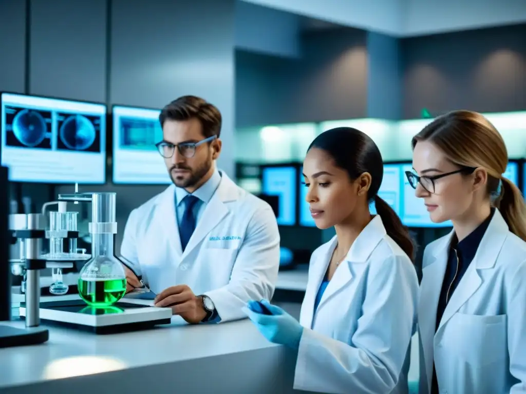 Equipo de investigación de salud renal en laboratorio moderno Un equipo de profesionales en un moderno laboratorio de investigación en salud renal analiza datos y realiza experimentos