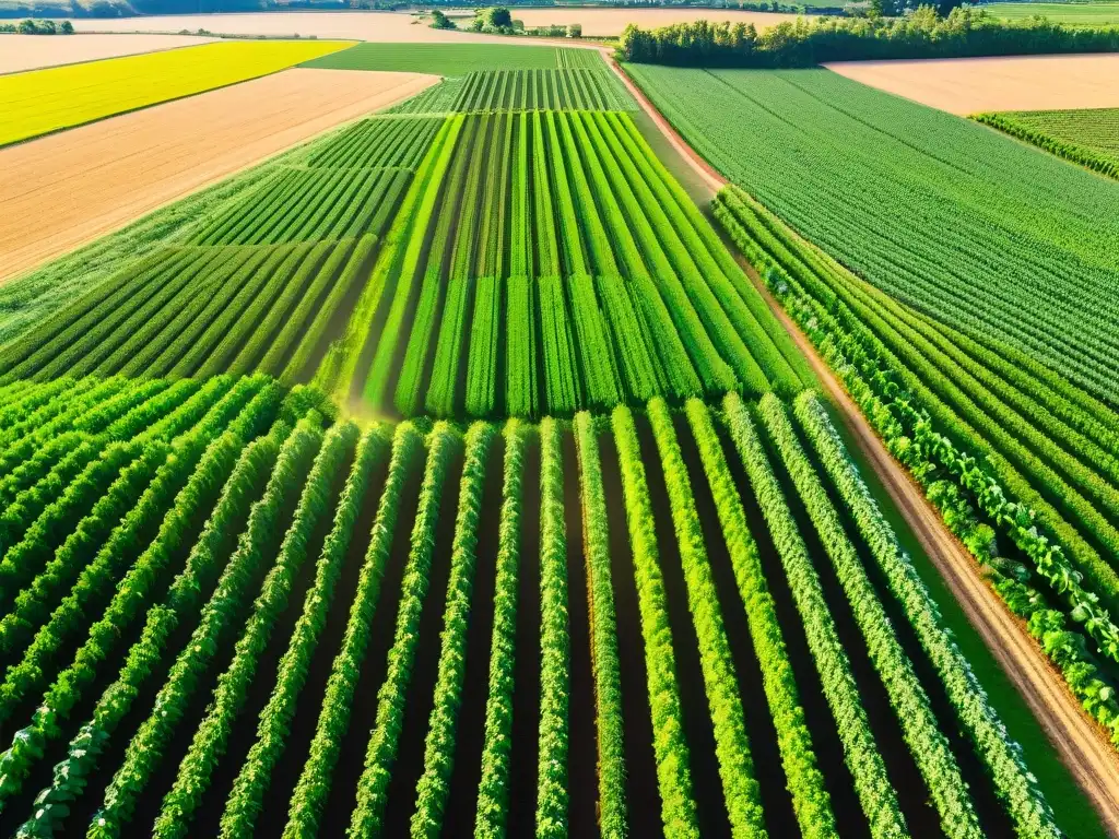 Próspero paisaje agrícola con cultivos vibrantes Una escena agrícola próspera y diversa con cultivos vibrantes, suelo rico y una instalación agrícola moderna