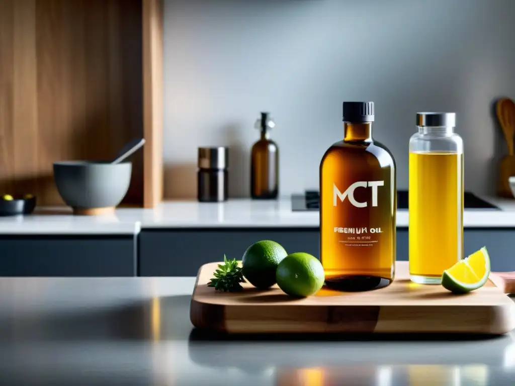 Cocina saludable con MCT oil y ayuno intermitente Escena equilibrada de cocina con aceites MCT, ayuno intermitente y alimentos cetogénicos