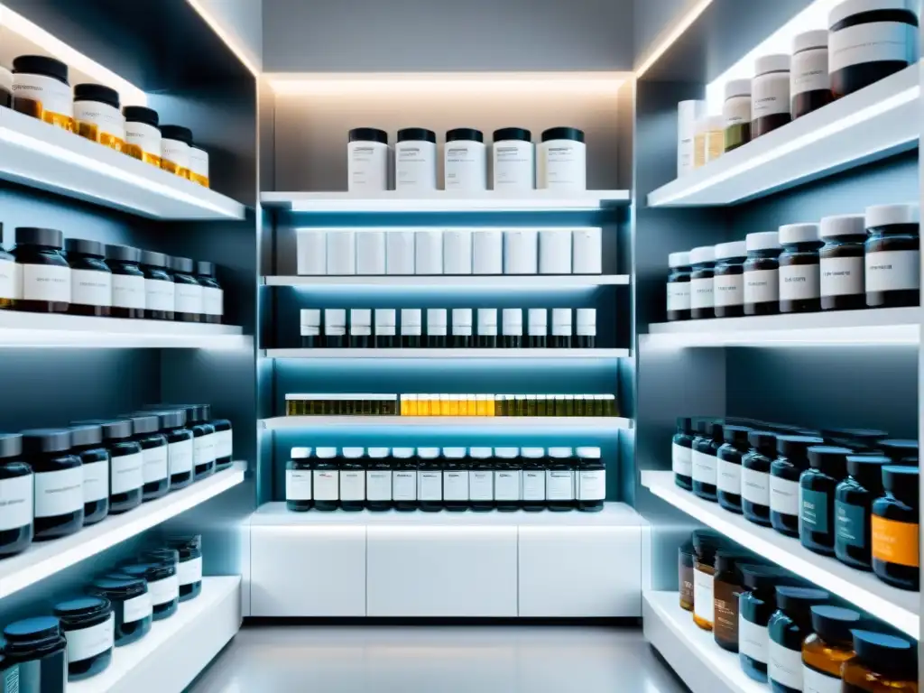 Suplementos Premium en Laboratorio de Vanguardia Escena de laboratorio moderno con suplementos premium para retrasar envejecimiento en estantes blancos elegantes, bañados por luz natural