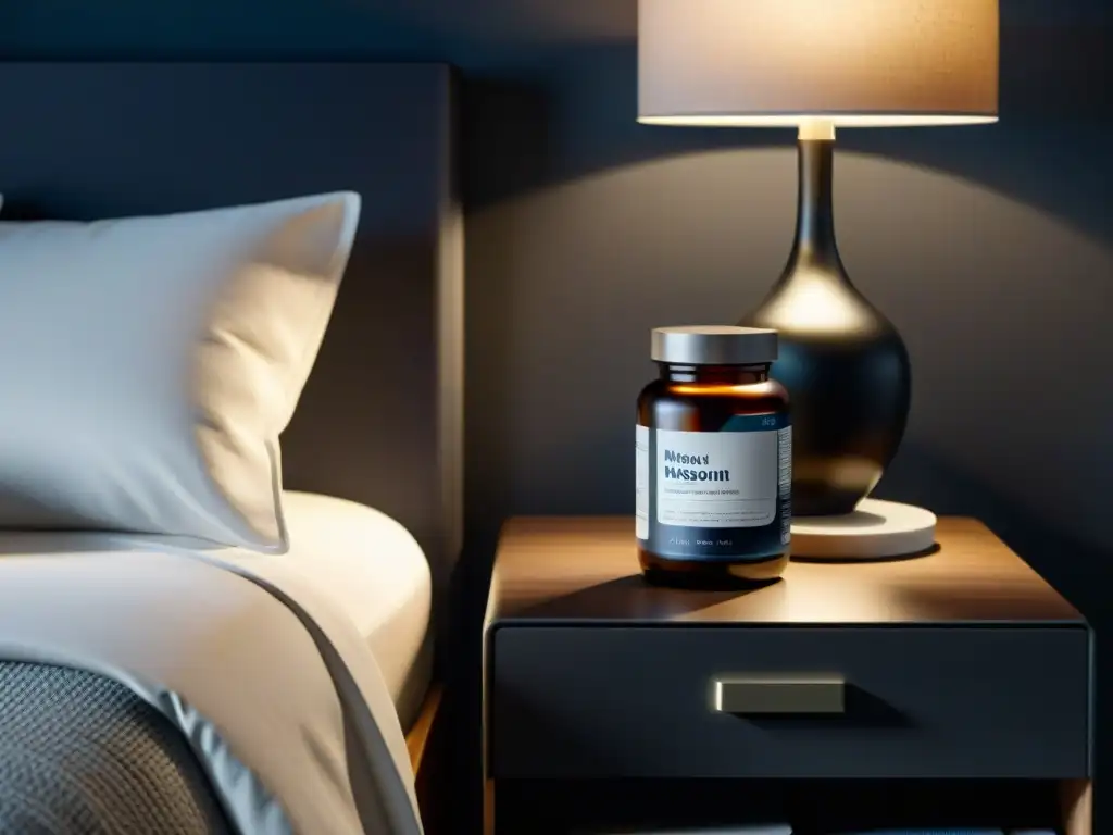 Escena nocturna en dormitorio con ZMA y suplementos de magnesio, promoviendo la recuperación nocturna