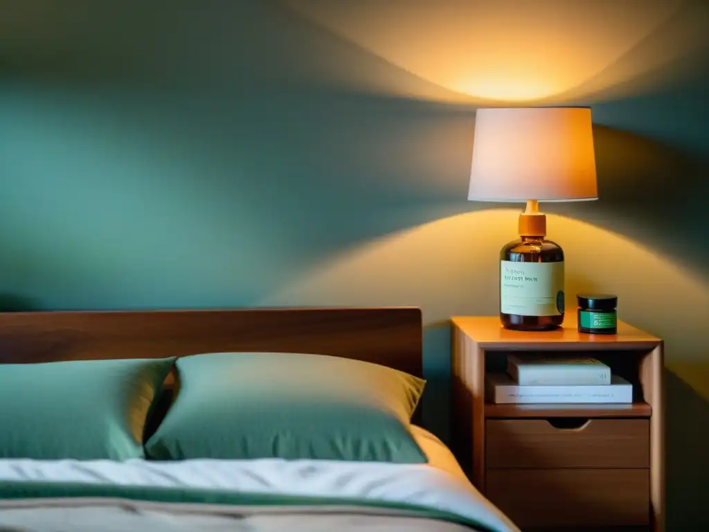 Escena serena con suplementos de triptófano y té relajante Escena relajante en dormitorio con suplementos de triptófano, té y libro