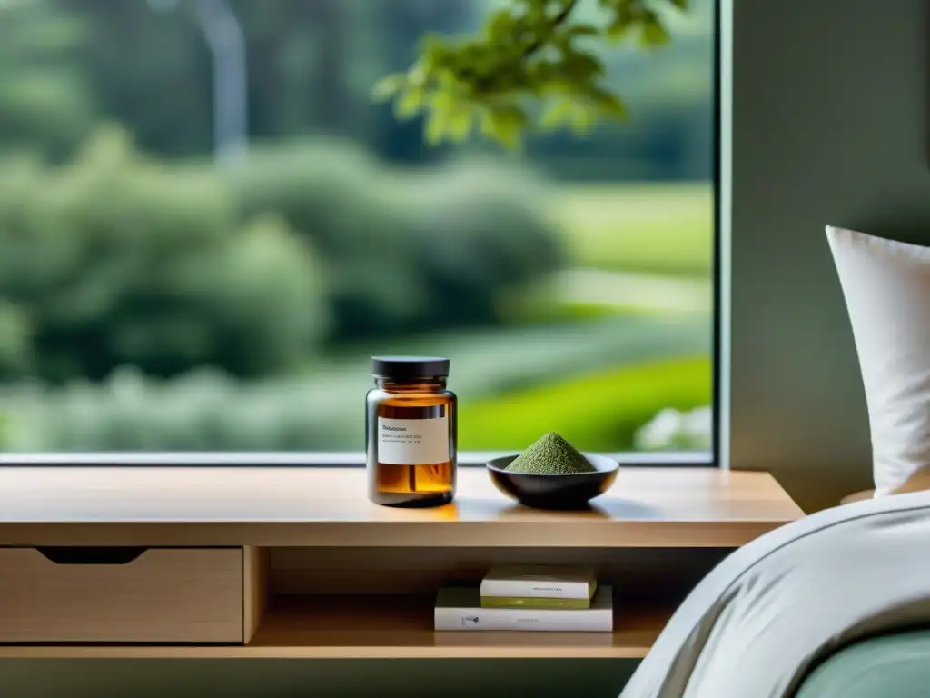 Serenidad y confort: dormitorio minimalista con vista relajante Escena serena en dormitorio minimalista con suplementos para aliviar el estrés y té herbal
