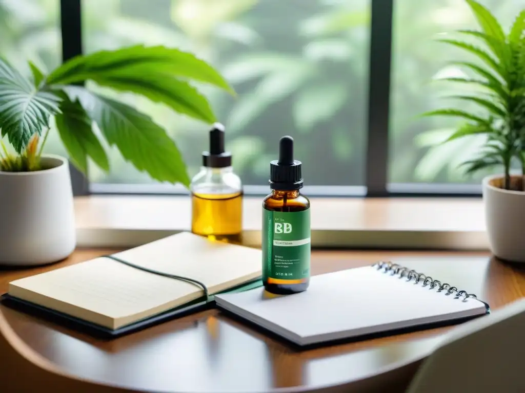 Entorno de trabajo sereno con CBD, laptop y café Escritorio moderno y sereno con suplementos nutricionales para mejorar enfoque, laptop, café y plantas, irradiando calma y concentración