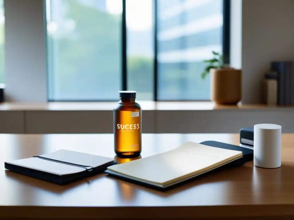 Escritorio profesional con suplementos y testimonios Un escritorio moderno con suplementos nutricionales para estrés laboral, orden y luz natural