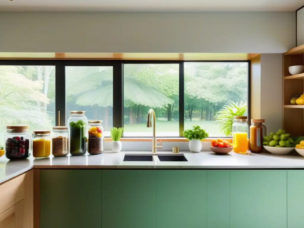 Cocina serena con alimentos y suplementos para combatir el estrés laboral Un espacio de cocina moderno y sereno con una encimera de mármol y una variedad de frutas, verduras, frutos secos y suplementos coloridos cuidadosamente dispuestos en tarros transparentes
