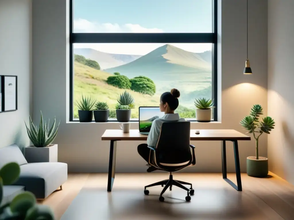 Oficina moderna con vista relajante y serena Un espacio de oficina moderno y sereno con vista a un paisaje natural