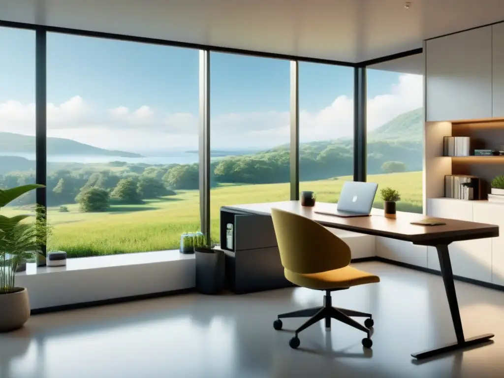 Oficina moderna con paisaje natural: tranquilidad y productividad Espacio de oficina moderno y sereno con suplementos nutricionales para estrés laboral