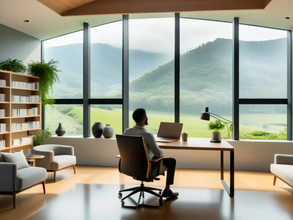 Oficina moderna y serena con vistas a la naturaleza Espacio de oficina moderno y sereno con vista a paisaje natural