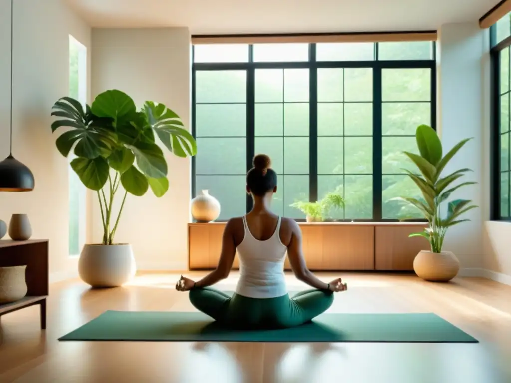 Espacio zen con planta y meditación Un espacio sereno con decoración minimalista, luz natural y una planta exuberante