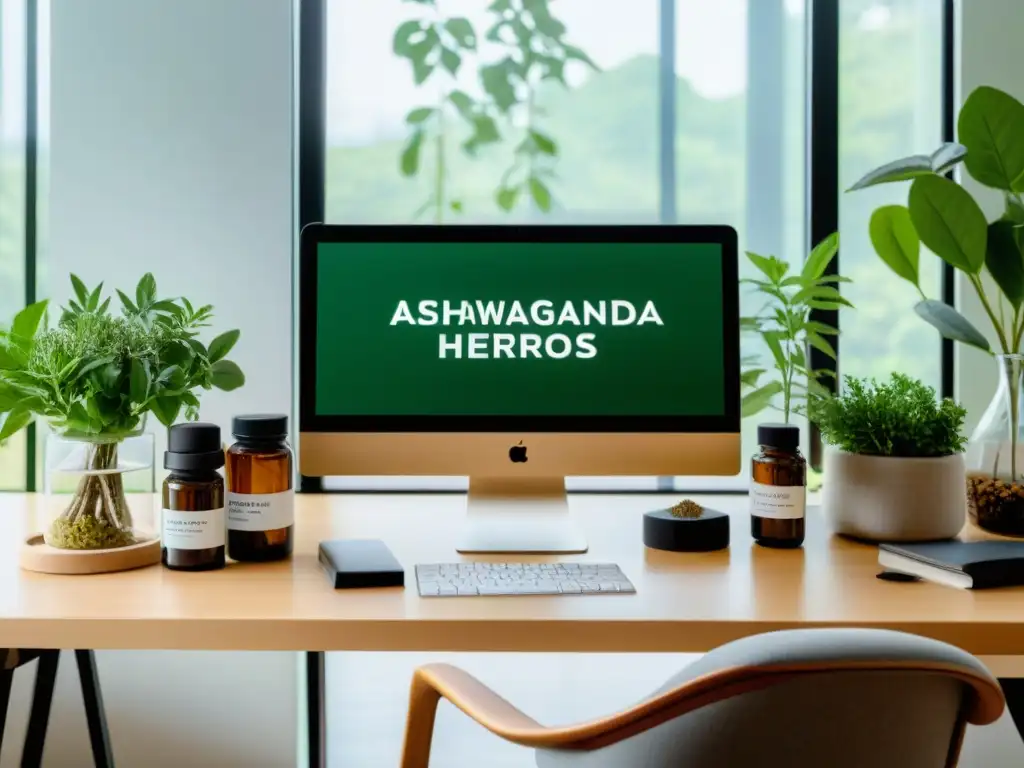 Workspace Zen: Integración Práctica de Hierbas Adaptógenas Espacio de trabajo minimalista con hierbas adaptógenas para la gestión del estrés en la vida diaria