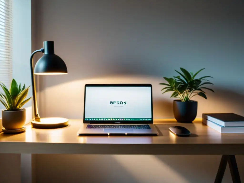 Elegante escritorio minimalista para potenciar la productividad Un espacio de trabajo moderno y elegante con suplementos para mantener concentración, iluminado por luz natural