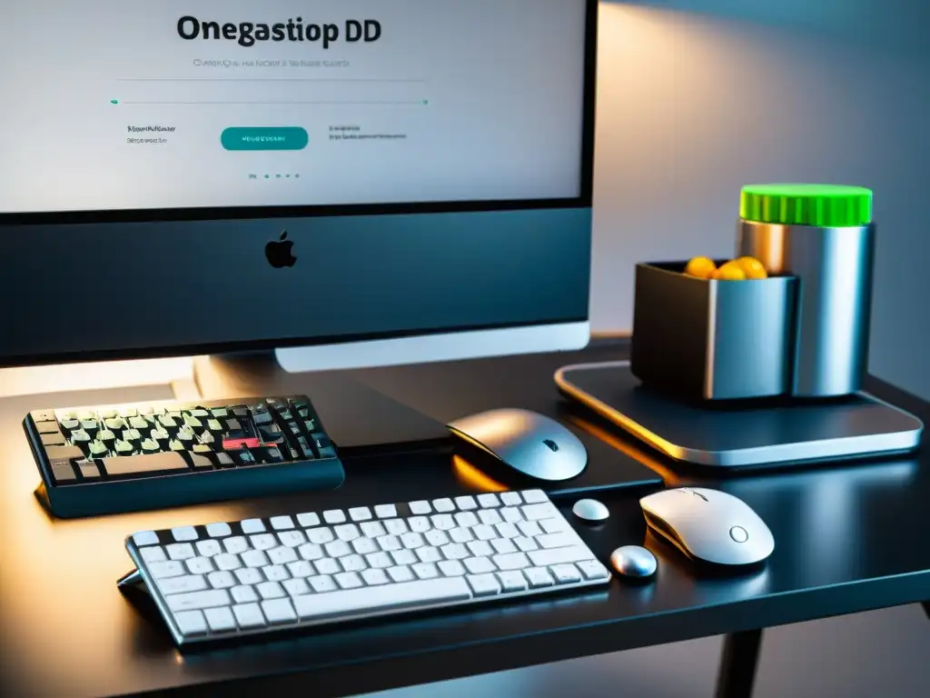 Escritorio moderno y organizado con suplementos para productividad Un espacio de trabajo moderno y minimalista con suplementos nutricionales para mejorar enfoque, bañado en luz natural
