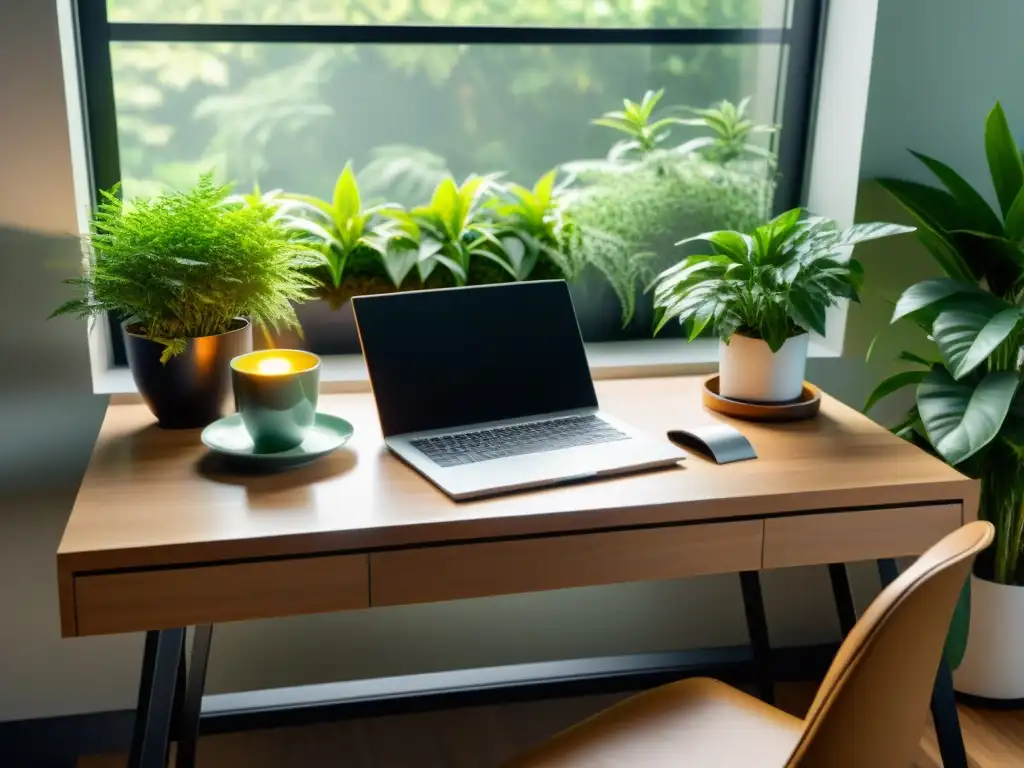 Escritorio moderno y sereno para trabajar con calma Un espacio de trabajo moderno y sereno con laptop, libreta y té herbal