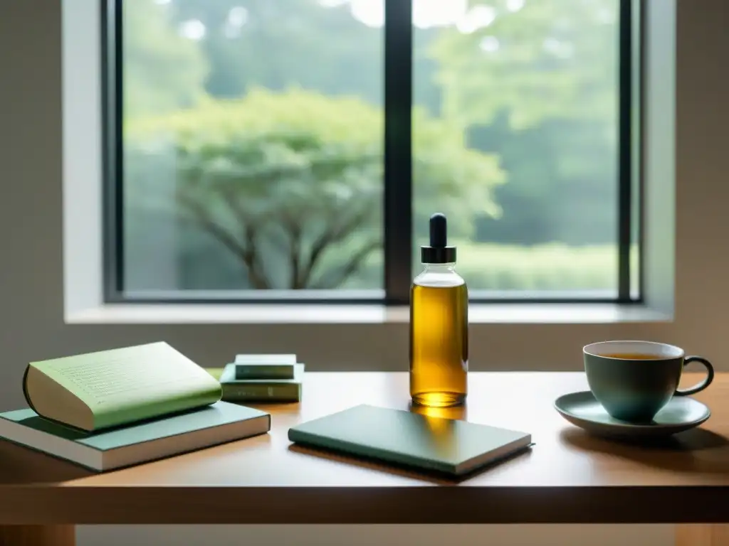 Escritorio moderno sereno con té verde, libros y suplementos nootrópicos Un espacio de trabajo moderno y sereno con suplementos nootrópicos para concentración, libros, laptop y té verde