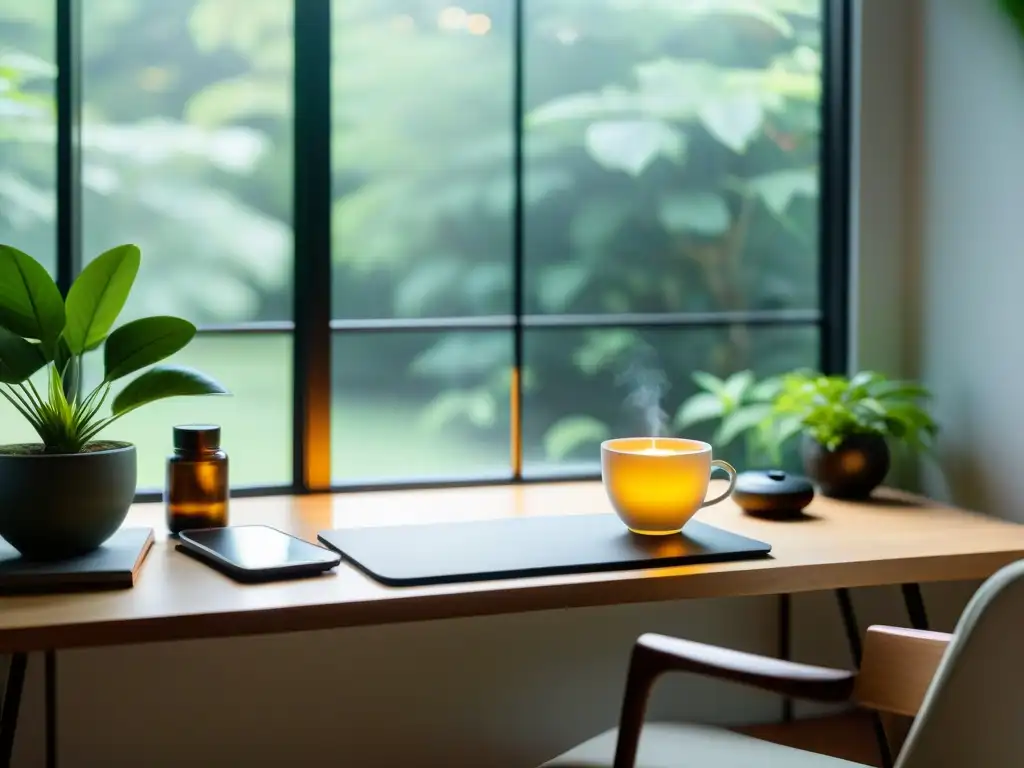 Espacio de trabajo sereno con suplementos para el cerebro y té herbal Espacio de trabajo sereno con suplementos para revitalizar la atención, té herbal humeante y vista a un jardín tranquilo