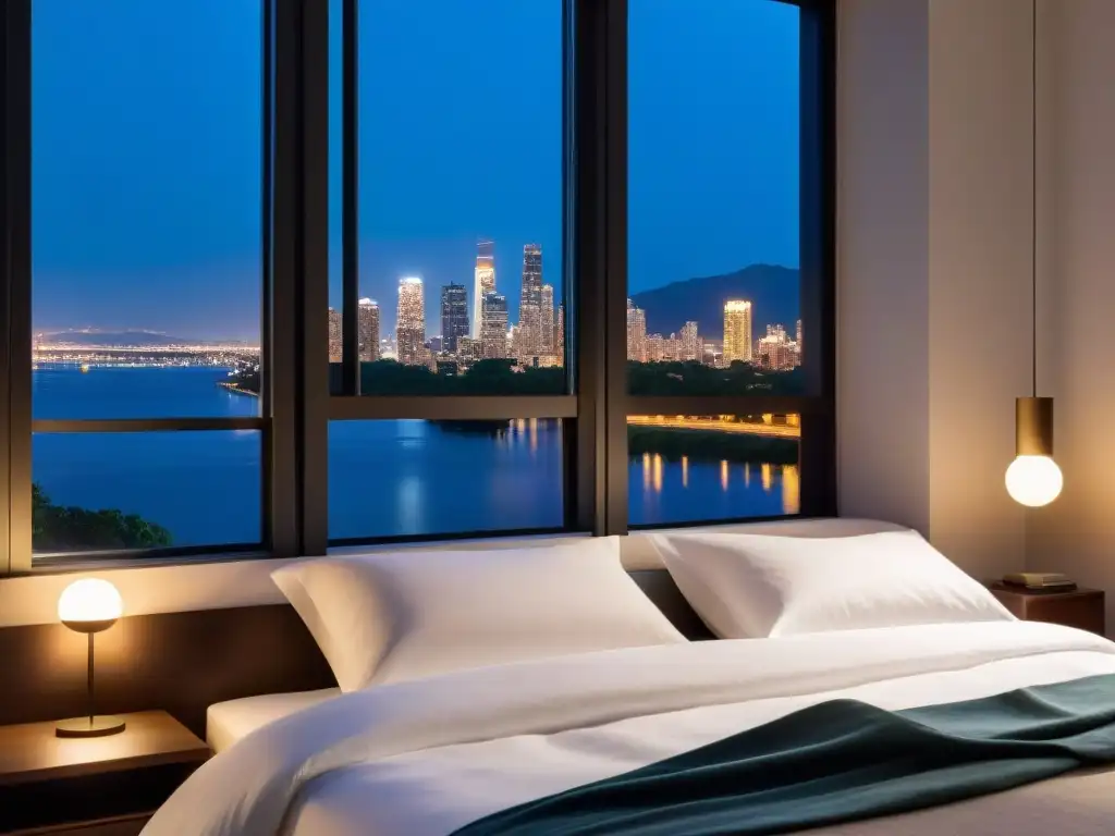 Tranquilo dormitorio moderno con suplementos GABA Espacioso dormitorio minimalista con cama acogedora y relajante vista nocturna de la ciudad, iluminado suavemente