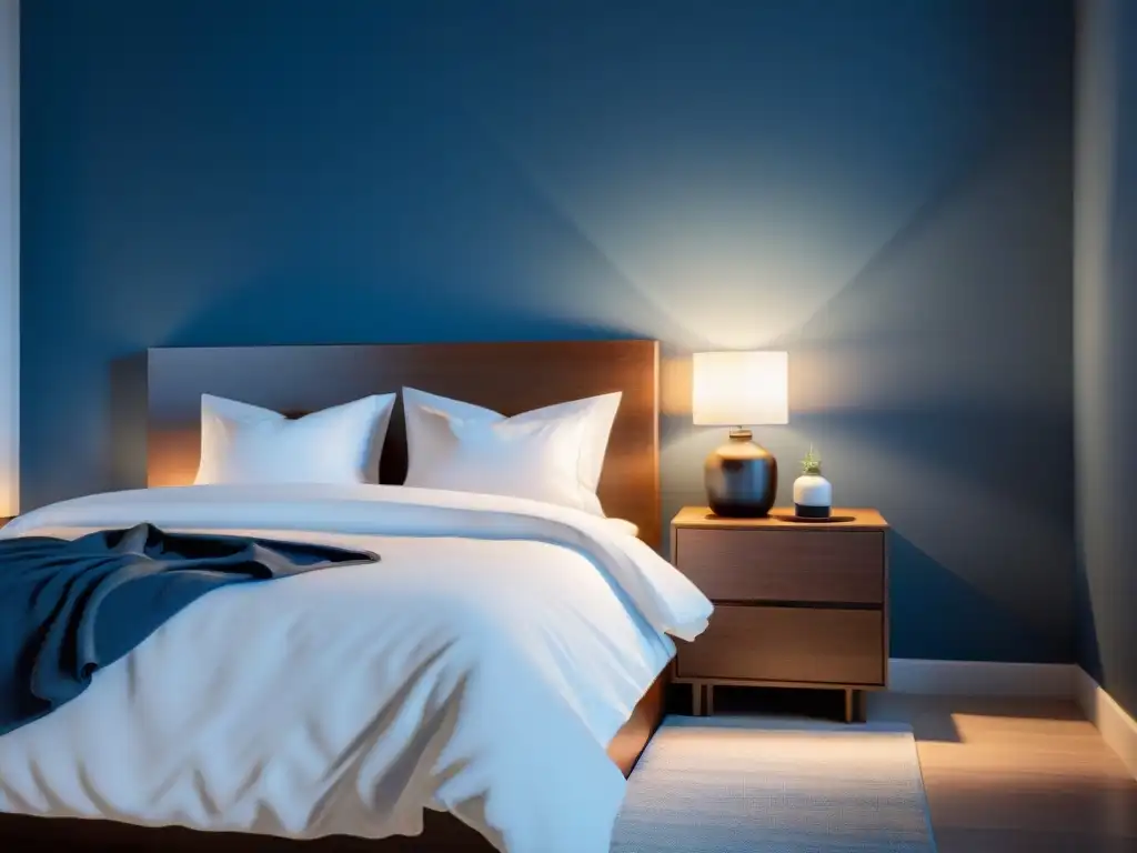Dormitorio moderno y sereno con cama grande y ambiente relajante Espacioso dormitorio minimalista con suplemento para dormir sin efectos secundarios en la mesita de noche, bañado por luz azul relajante