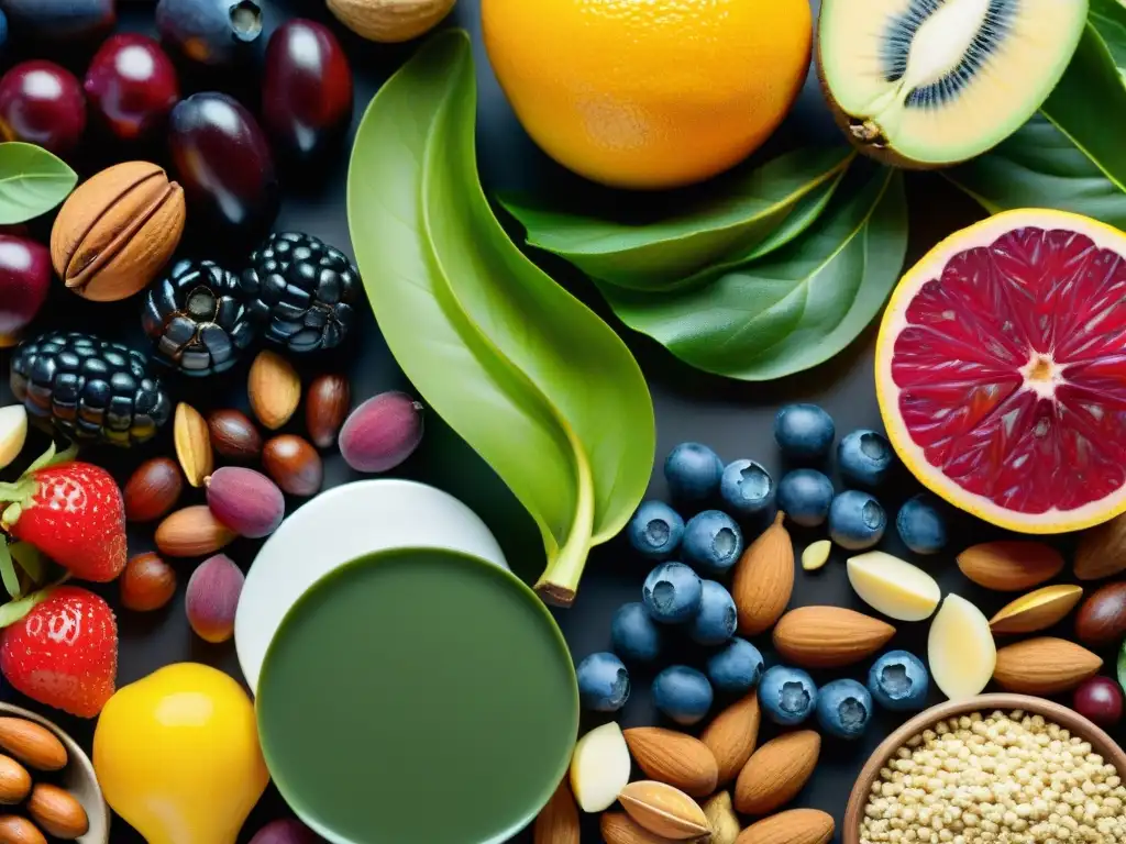 Patrón vibrante de suplementos y alimentos nutrientes Un espectáculo visual de suplementos y alimentos variados, con una explosión de colores y texturas