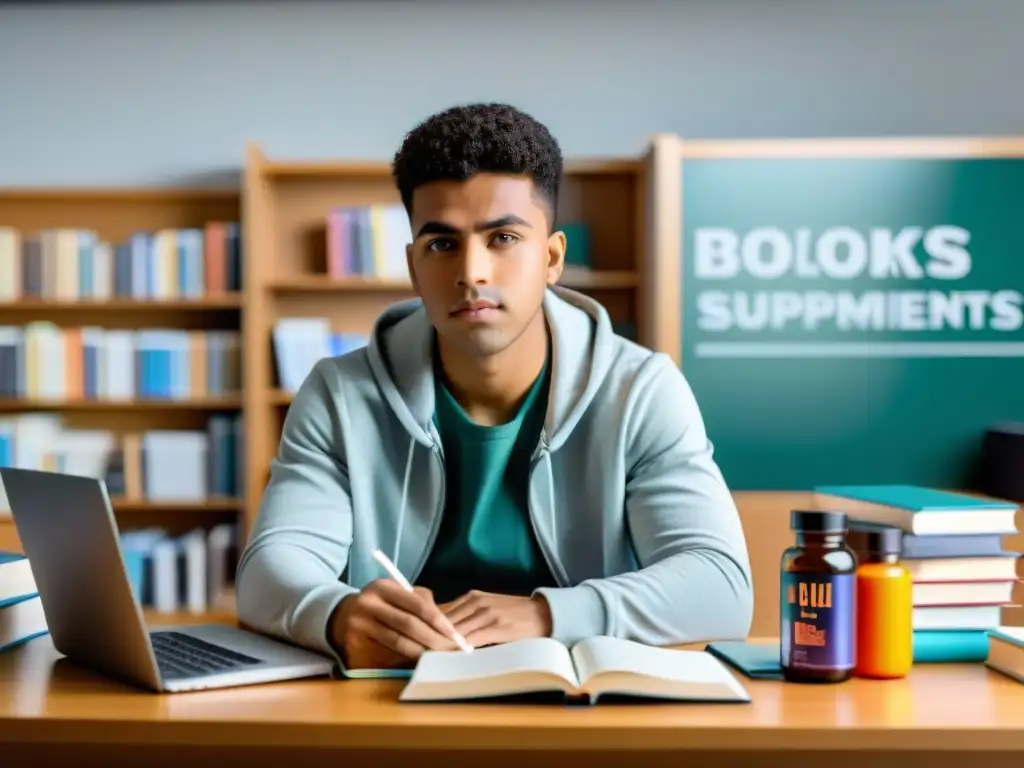 Estudiante enfocado con suplementos para estudiar Estudiante enfocado rodeado de libros y suplementos clave para época de exámenes, preparado para el desafío