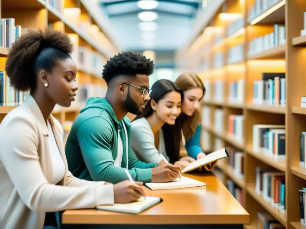 Estudiantes universitarios enfocados en la biblioteca moderna Estudiantes universitarios usando los mejores nootrópicos para potenciar su concentración en una biblioteca moderna y luminosa
